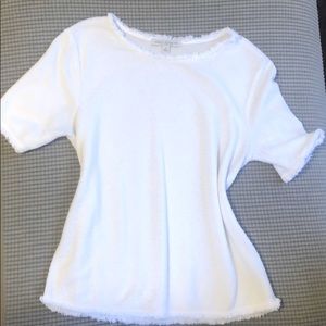 Green Envelope Flocked and Frayed White Blouse